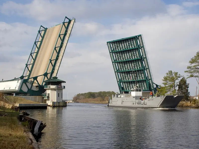 The Great Bridge drawbridge in Chesapeake, open for a boat on the Intracoastal Waterway