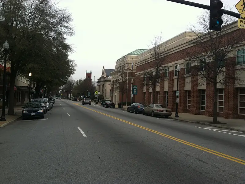 Brick buildings along a street in downtown Suffolk