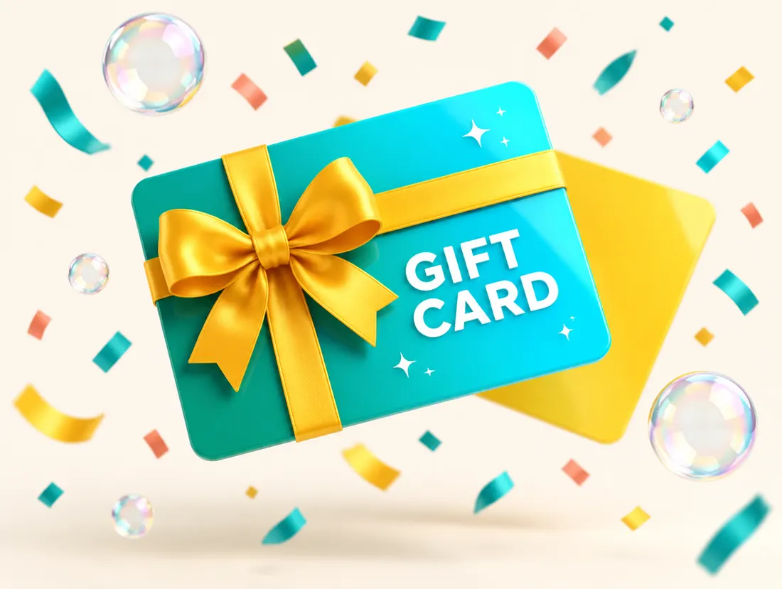 Two E3R gift cards with a teal ribbon