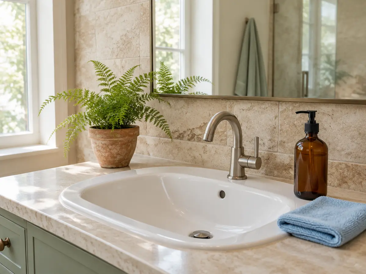 A bathroom vanity with a fern, a folded cloth and an amber glass bottle