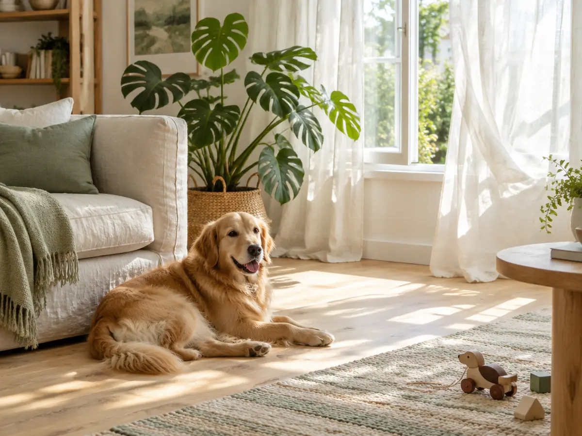 A dog resting on a clean floor in a sunlit living room