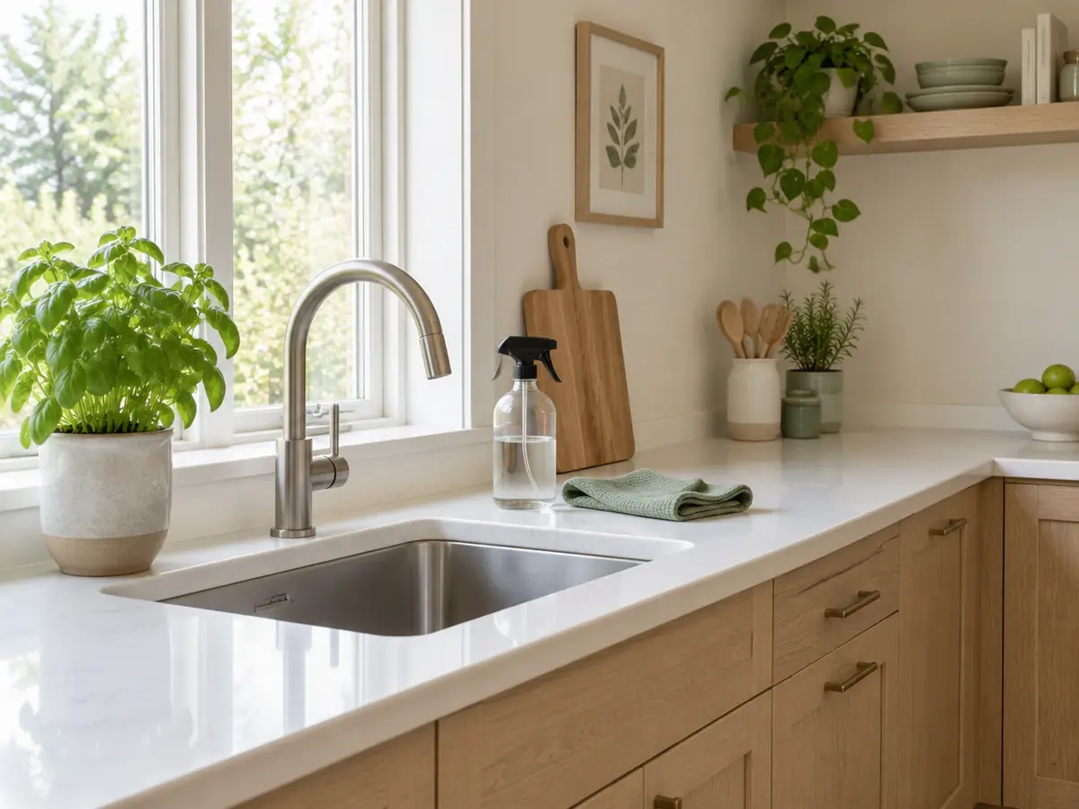 A bright kitchen with a stone counter, a basil plant and a glass spray bottle