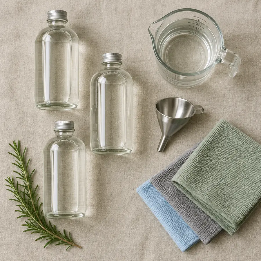Glass refill bottles, a measuring cup and folded washable cloths on linen