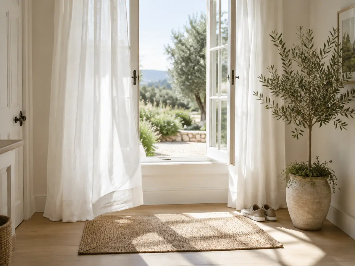 An open window with linen curtains above a doormat and a potted olive tree