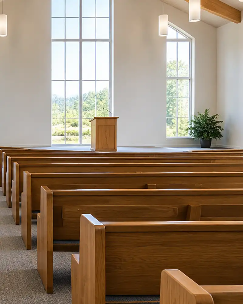 Bright church sanctuary with rows of clean wooden pews