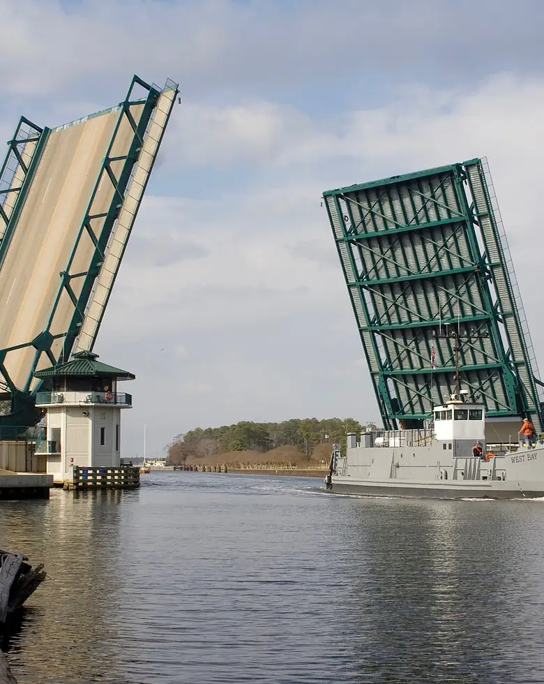 The Great Bridge drawbridge in Chesapeake, open for a boat on the Intracoastal Waterway
