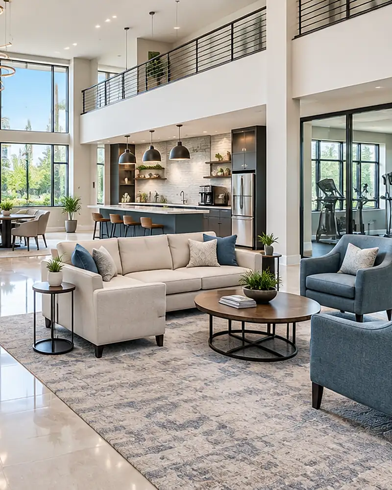Bright clubhouse lounge with polished floors, seating and tall windows