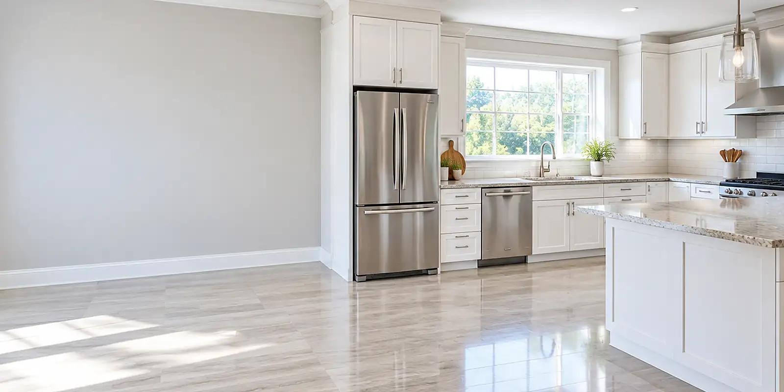 Spotless kitchen with stainless steel appliances and shining counters