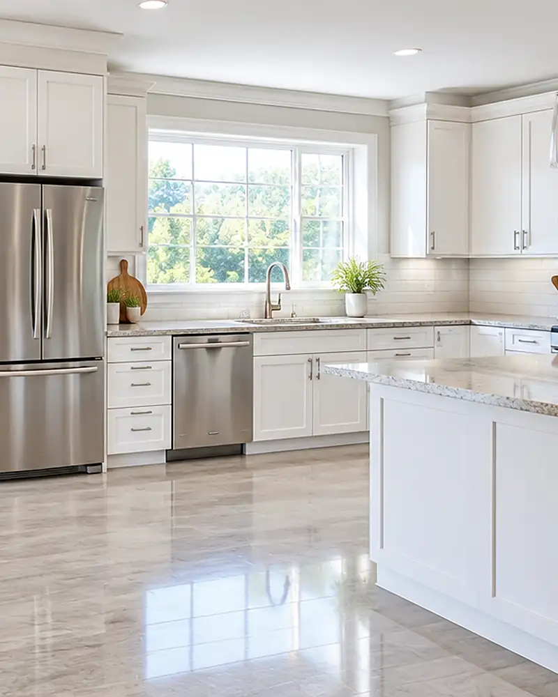 Spotless kitchen with stainless steel appliances and shining counters