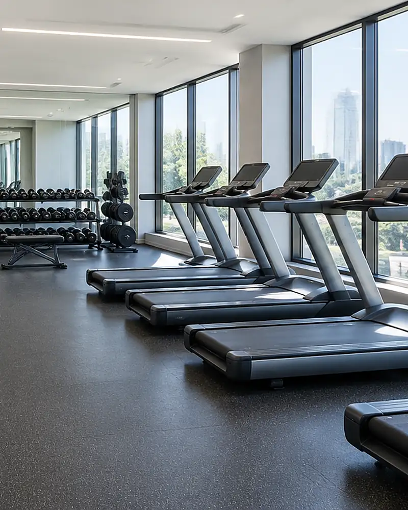 Clean fitness center with treadmills, dumbbells and a wall of mirrors