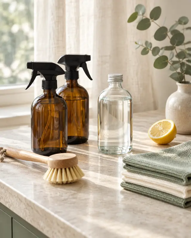 Glass spray bottles, folded microfiber cloths and a sprig of eucalyptus on a kitchen counter