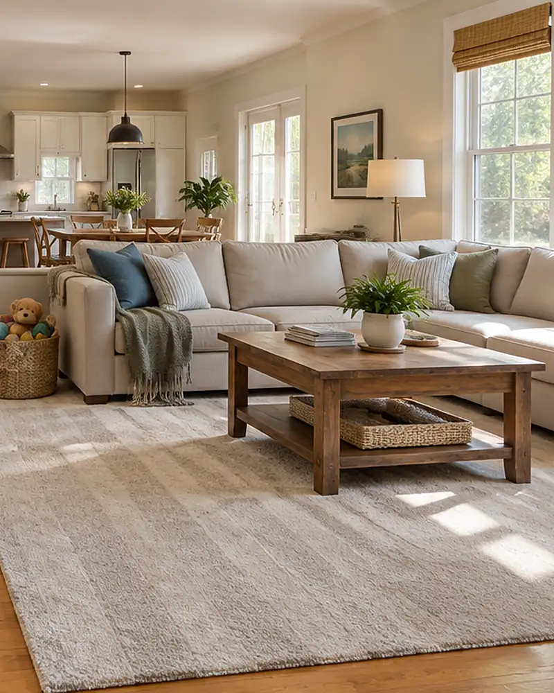 A bright, freshly cleaned family living room with a sofa and hardwood floors