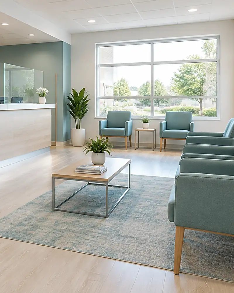 Bright, clean medical office waiting room with chairs and a reception counter