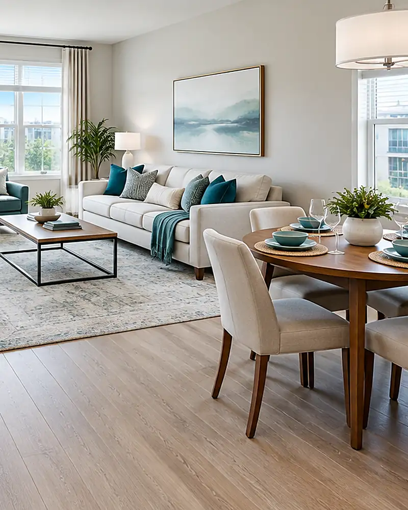 Staged model apartment with a sofa, dining table and bright windows