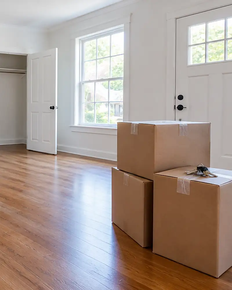 An empty, clean house with moving boxes and keys by the front door
