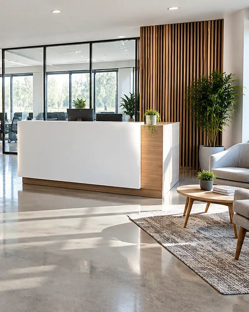 Clean office reception with a desk, seating and a glass wall to the workspace