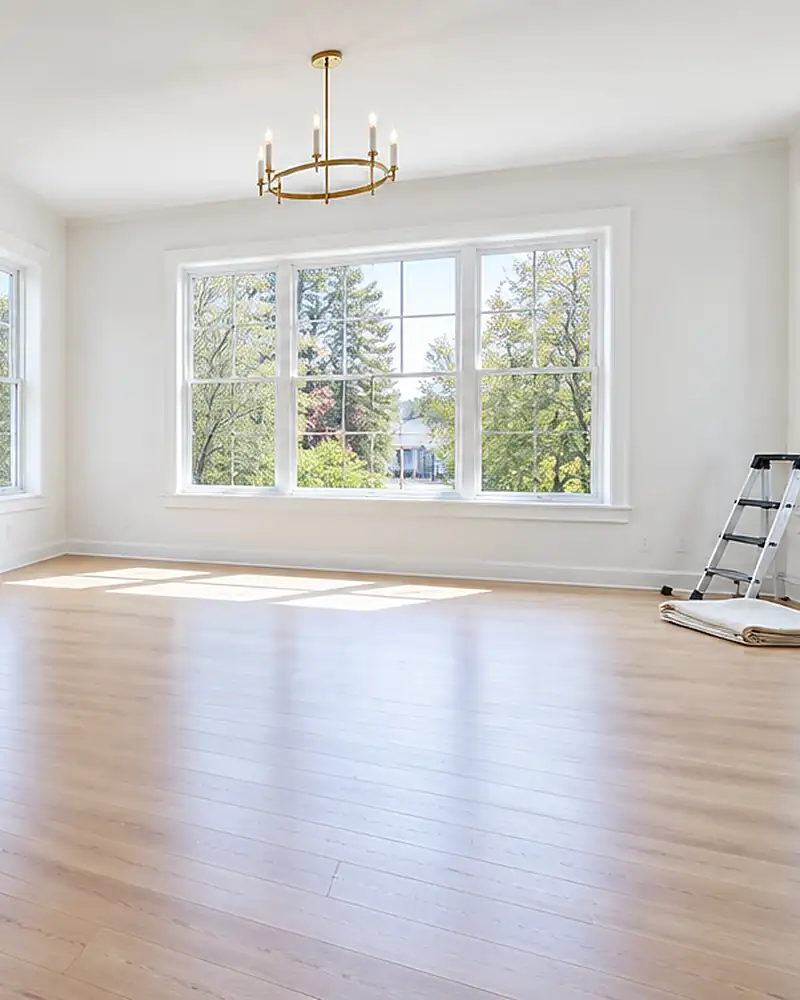 Newly renovated empty room with clean hardwood floors and bright windows