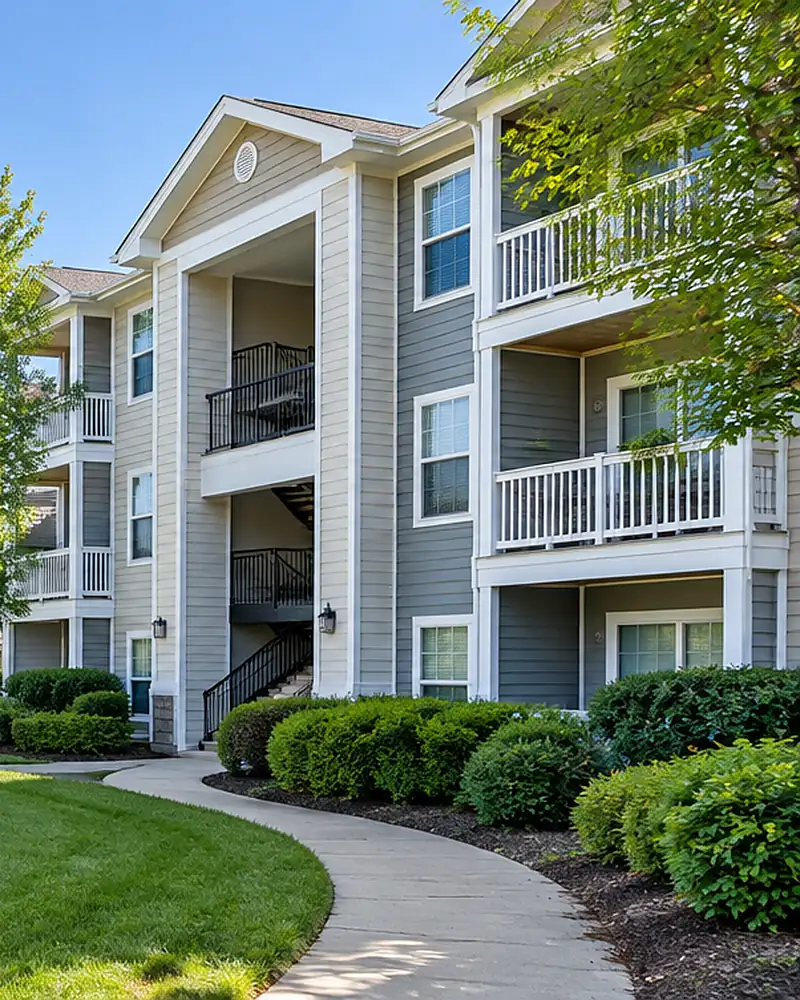 Apartment community buildings with trimmed hedges and a green lawn