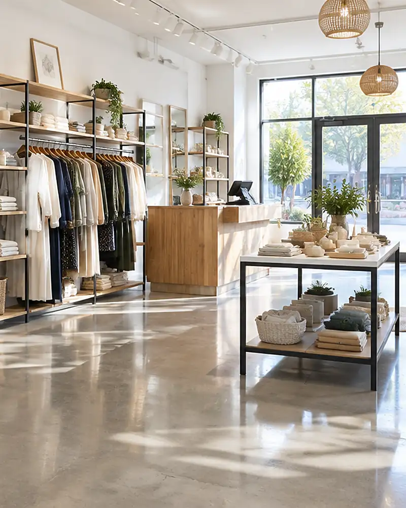 A tidy boutique with shelves, a display table and a clean glass storefront