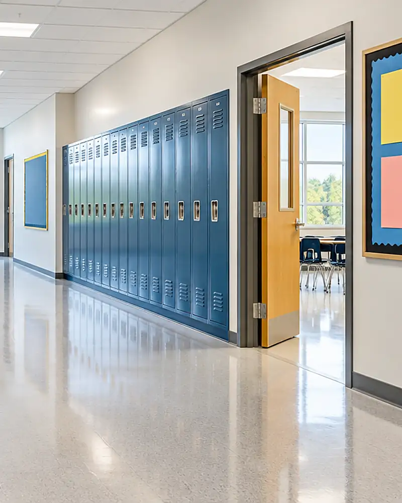 Clean school hallway with lockers and an open classroom door