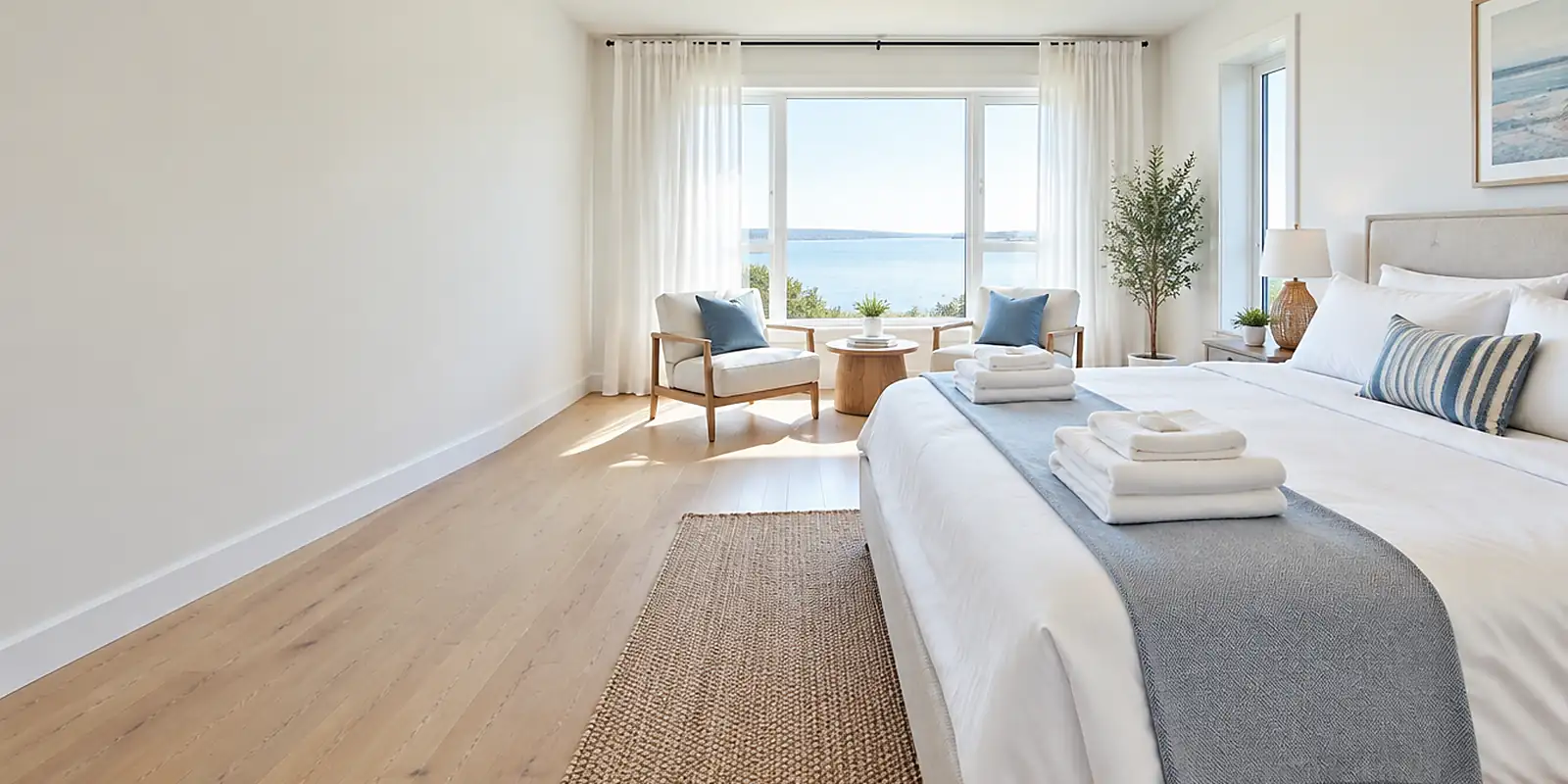 Bright vacation rental bedroom with a freshly made bed and folded towels