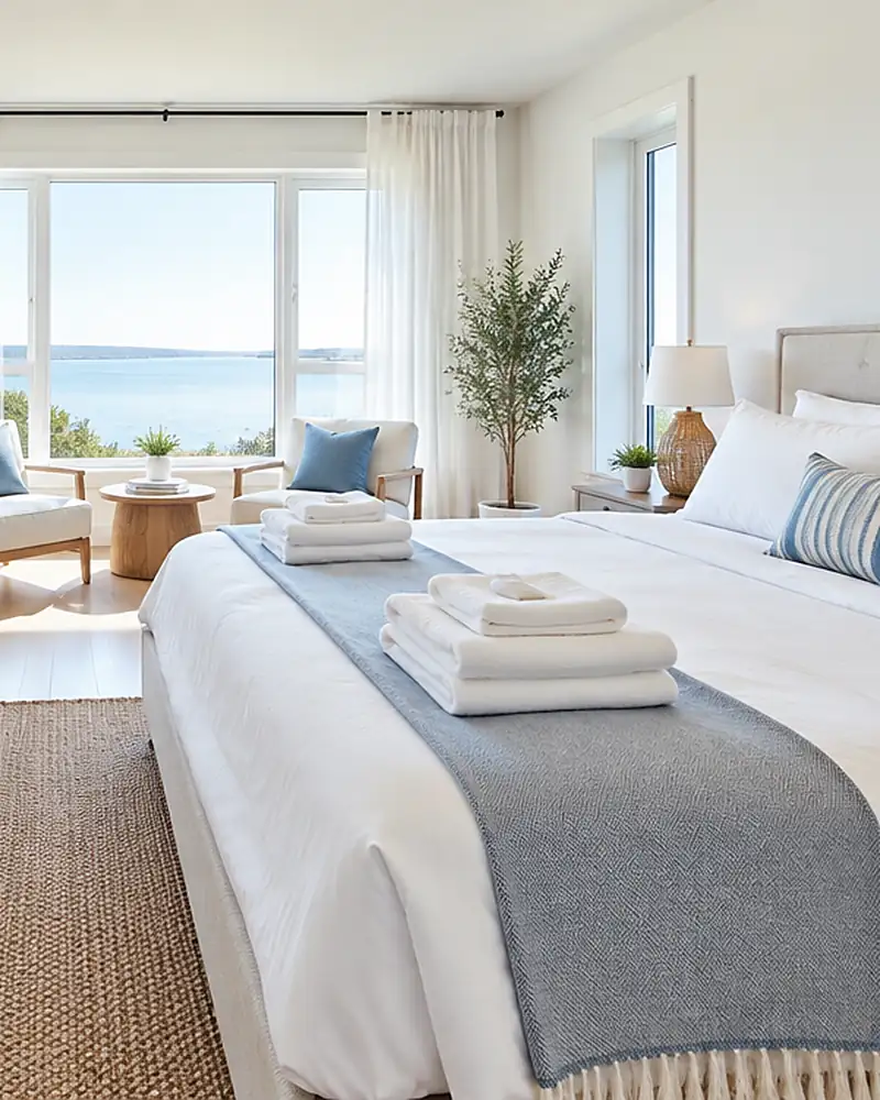 Bright vacation rental bedroom with a freshly made bed and folded towels