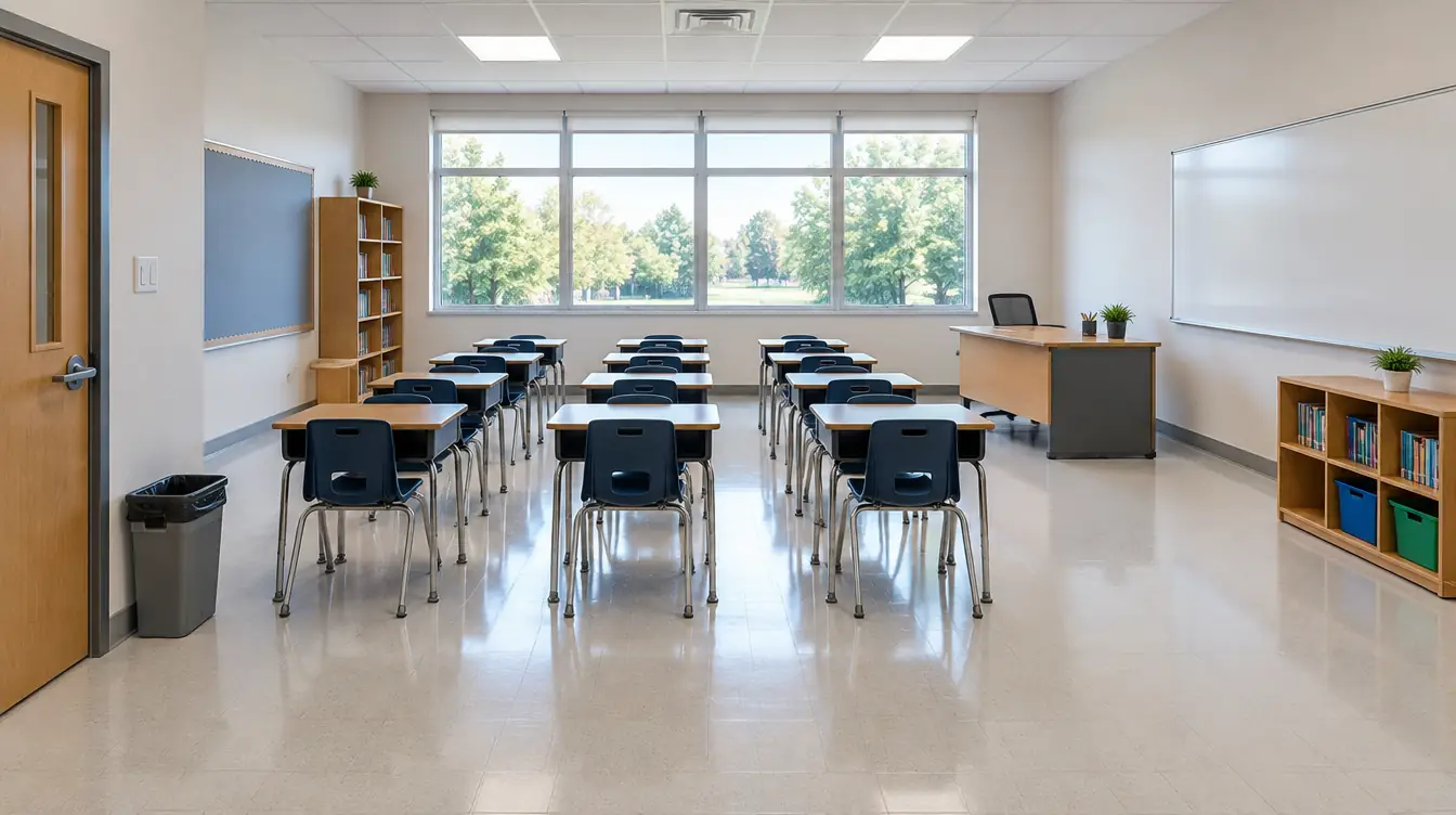 An empty, clean classroom with rows of desks, a door, a teacher desk and windows