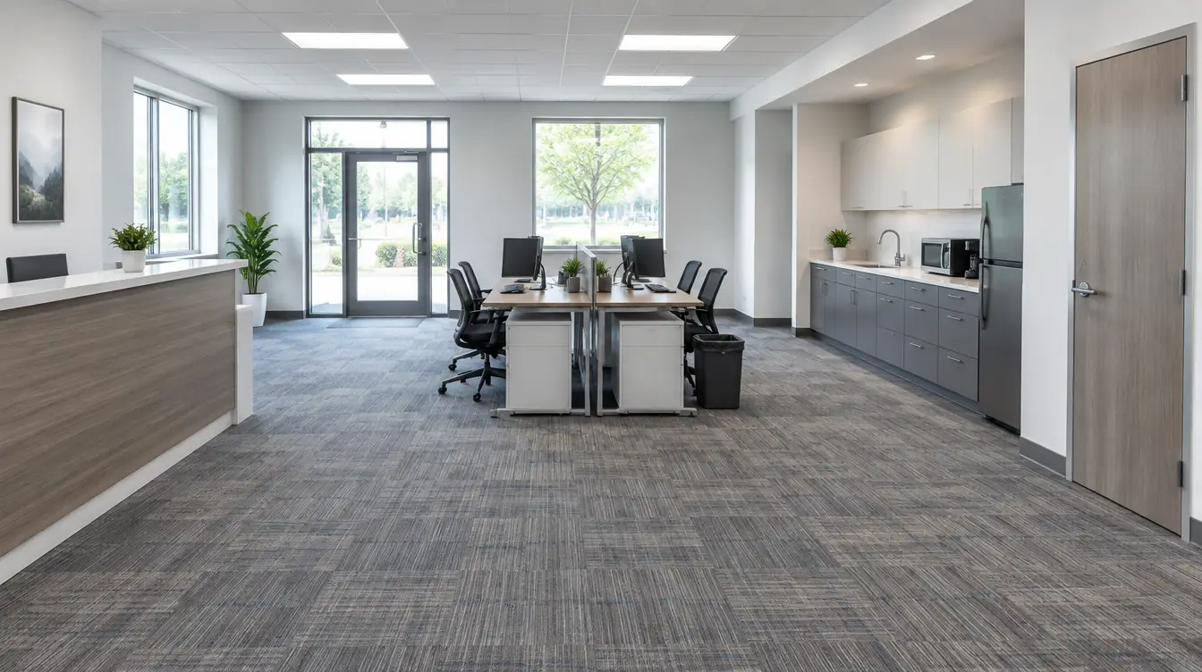 A small modern office with a reception counter, desks, a breakroom corner and a restroom door