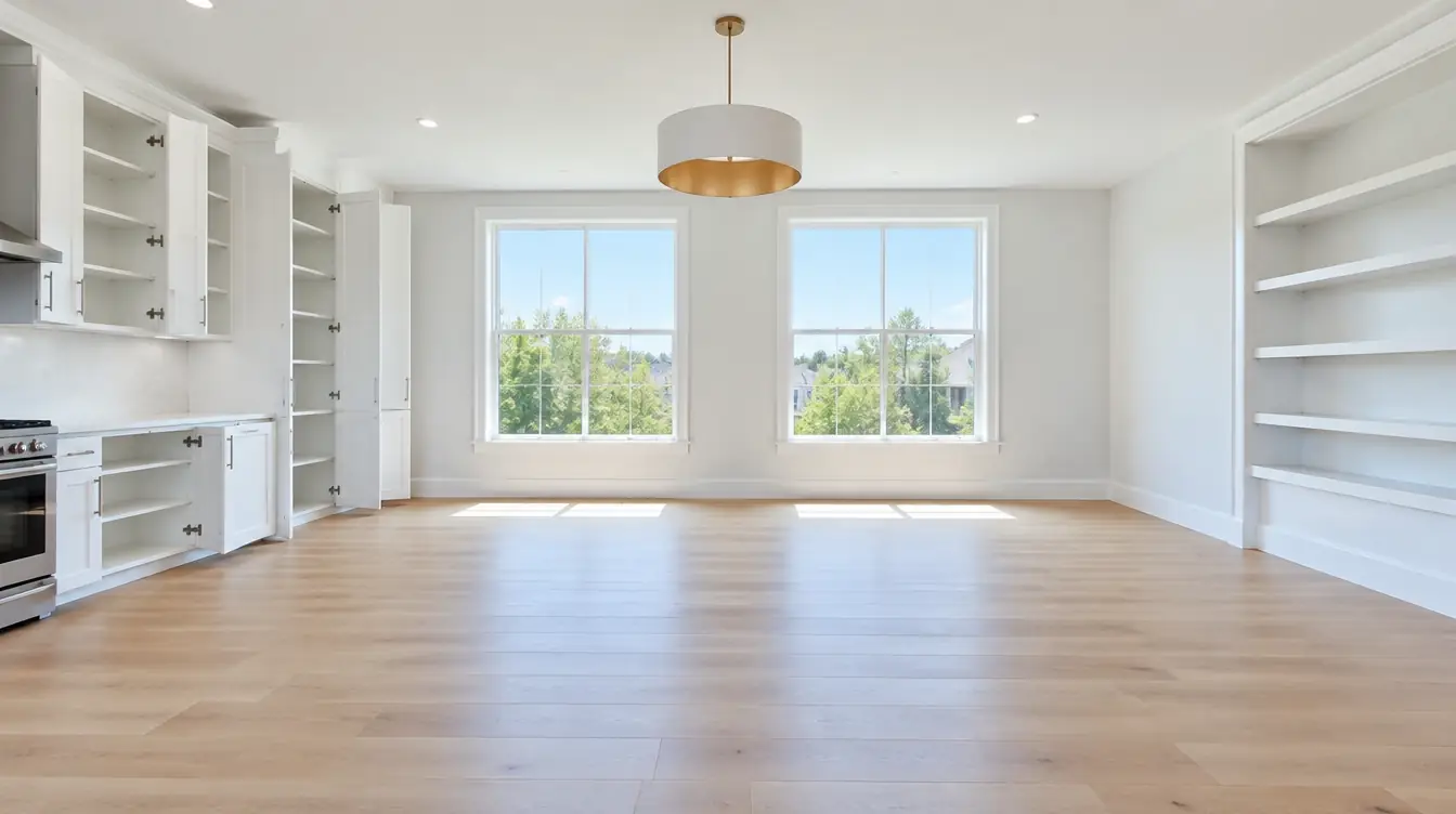 Newly renovated open room with kitchen cabinets, large windows, built-in shelves and a pendant light
