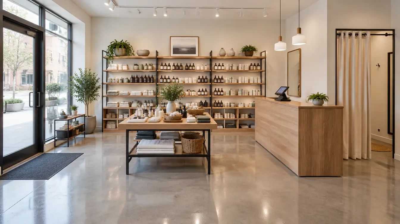 A small shop with a glass entrance, a display table, a checkout counter, shelves and a fitting room