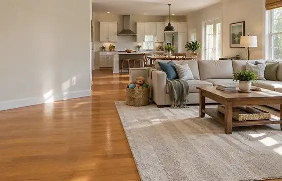 A bright, freshly cleaned family living room with a sofa and hardwood floors