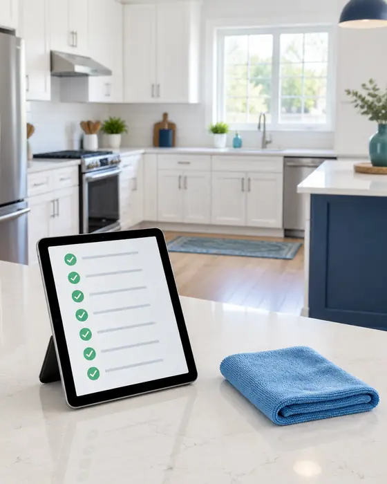 A tablet with a completed checklist on a clean kitchen counter