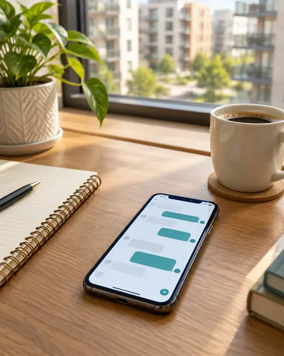 A phone with a message thread on a property manager's desk