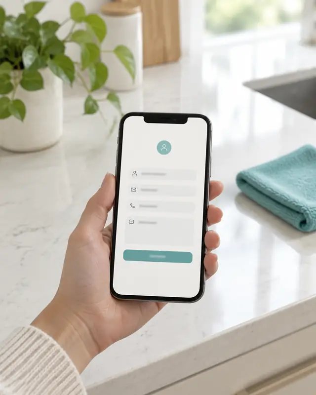 A hand holding a phone with a short request form, in a bright kitchen