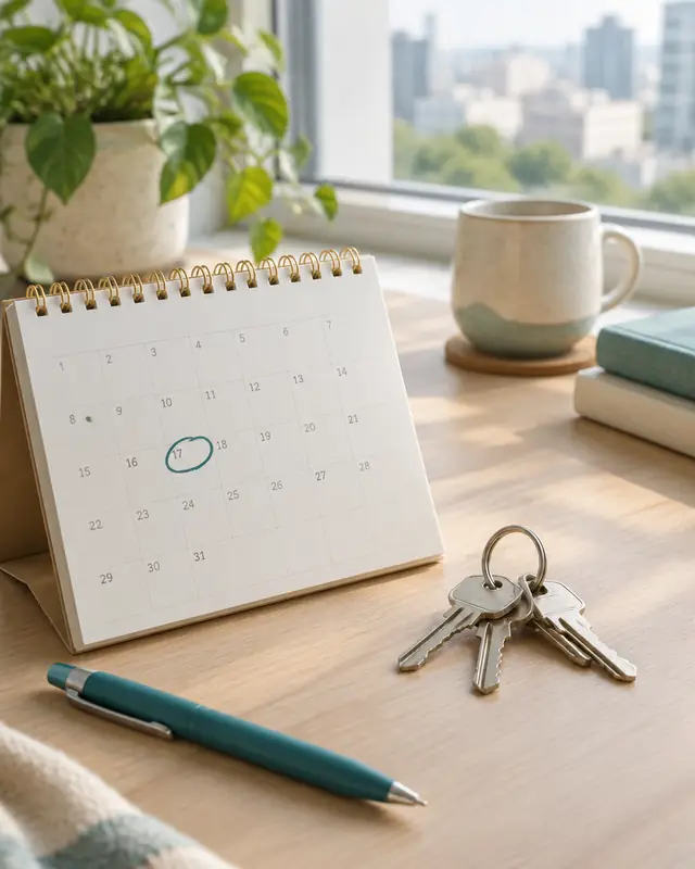 A desk calendar with a date circled and a set of keys