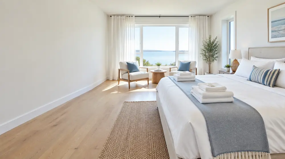 A guest bedroom with a made bed