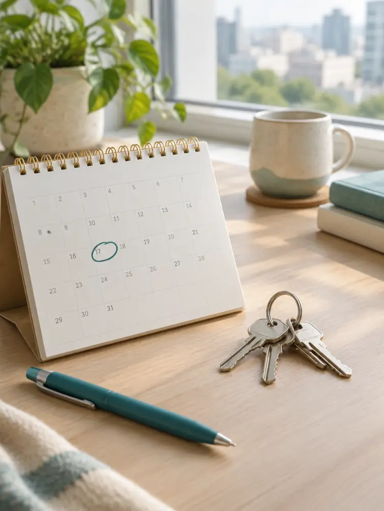 A desk calendar with a date circled and a set of keys