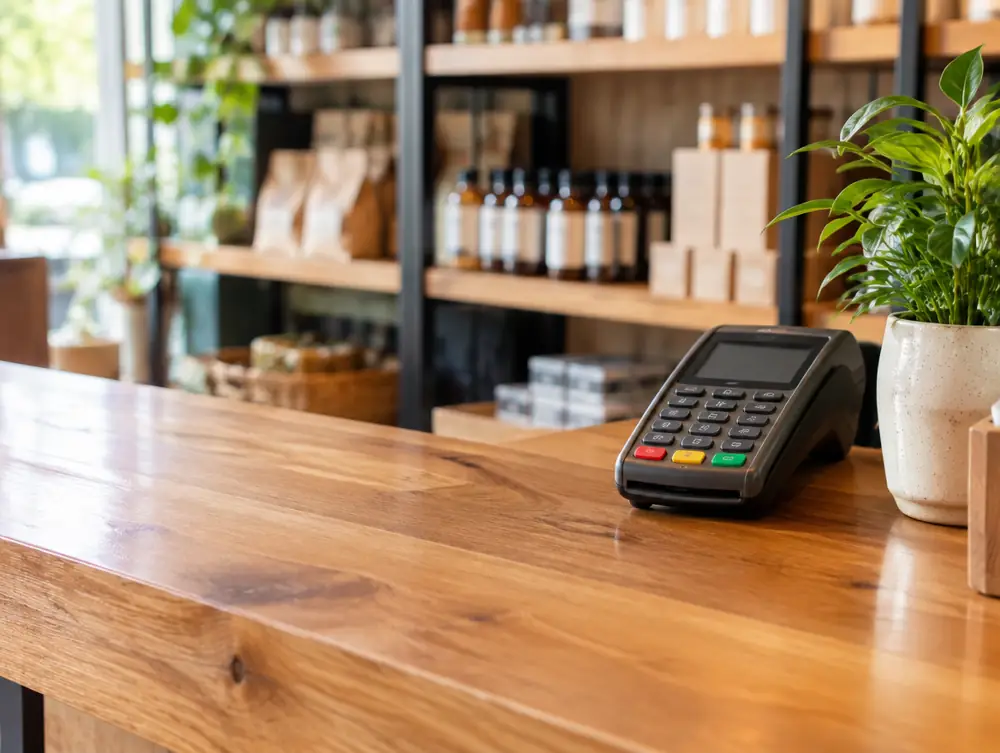 A clean shop checkout counter with a card reader