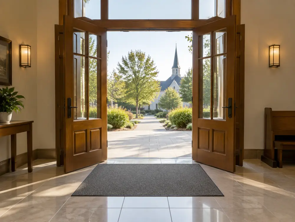 Open church doors seen from the foyer