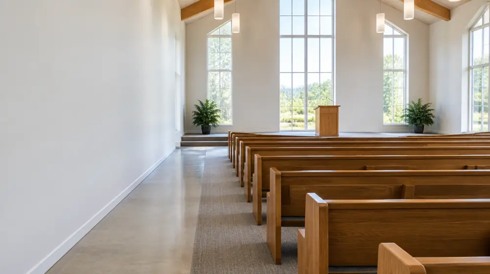 A church sanctuary with rows of wooden pews