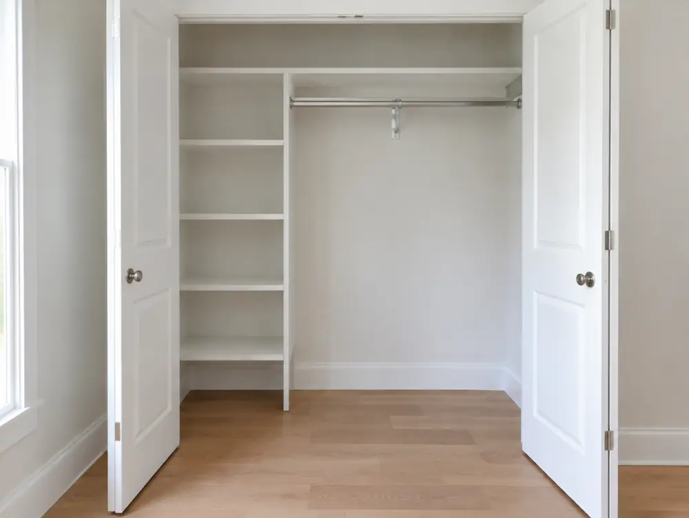 An empty, clean closet with white shelves