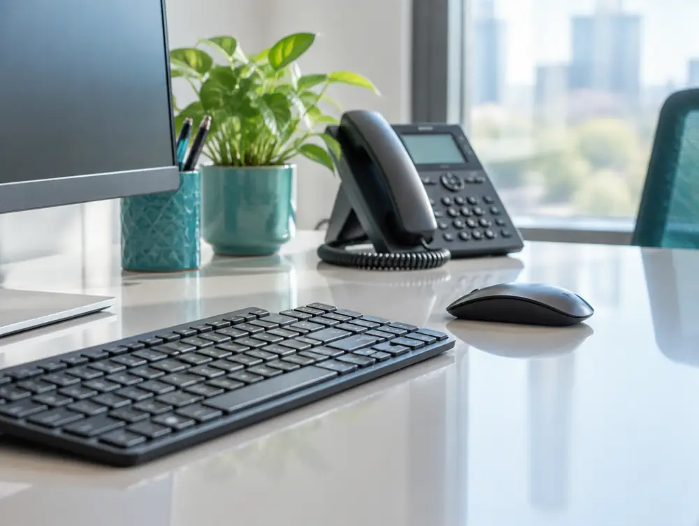 A clean desk with a keyboard and phone