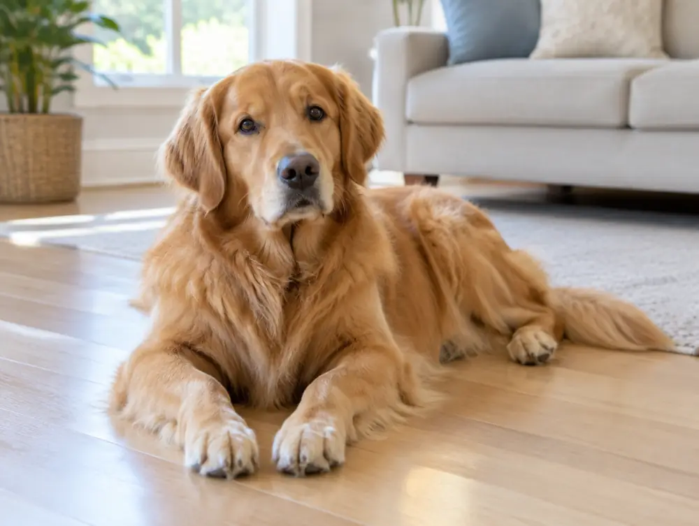 A dog lying on a clean hardwood floor in a bright living room