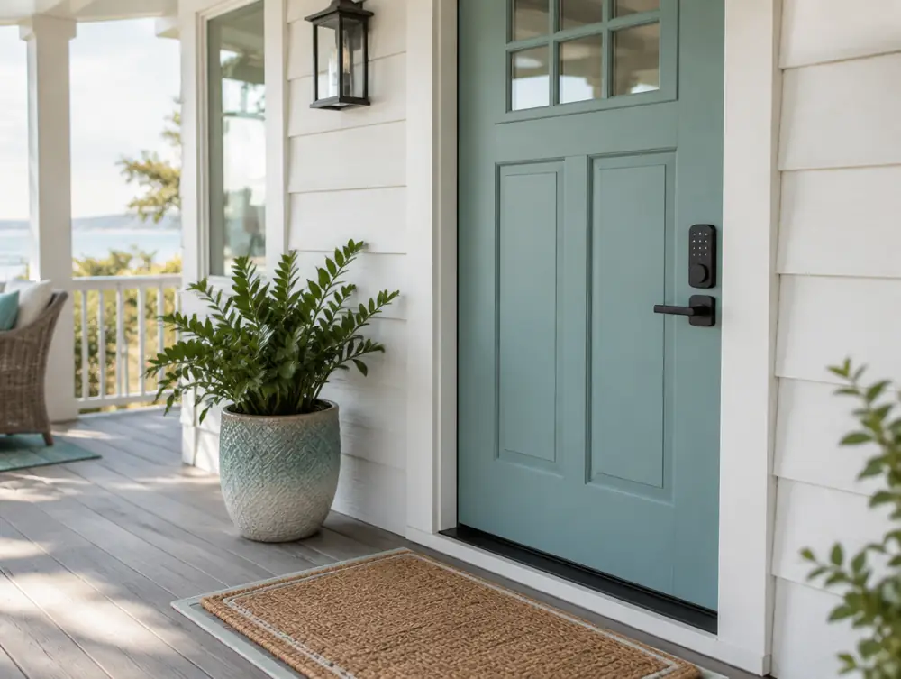 A front door with a keypad lock