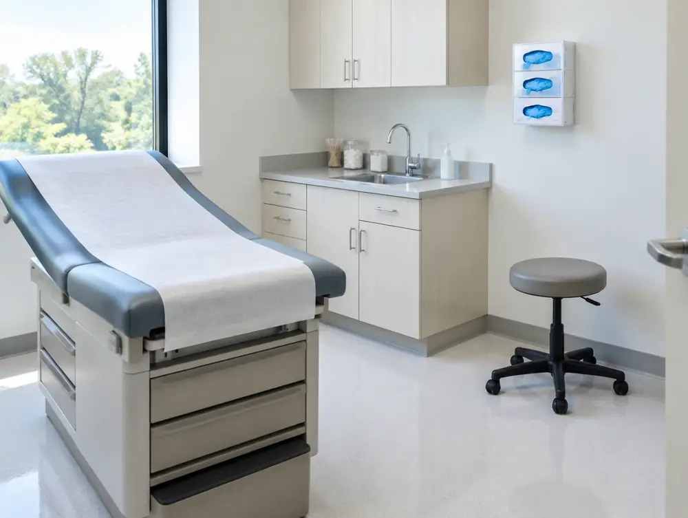 A clean medical exam room with an exam table and a sink