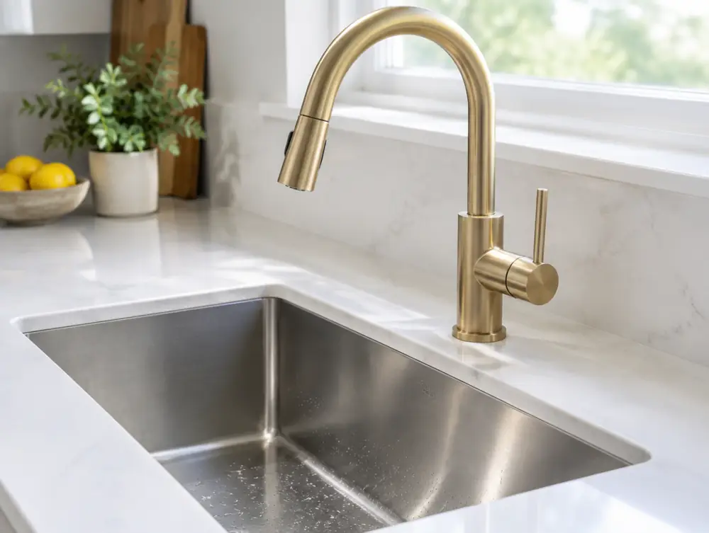 A new brass faucet and sink in a stone countertop