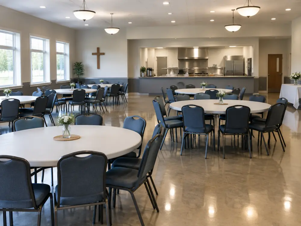 A church fellowship hall with round tables and a serving counter