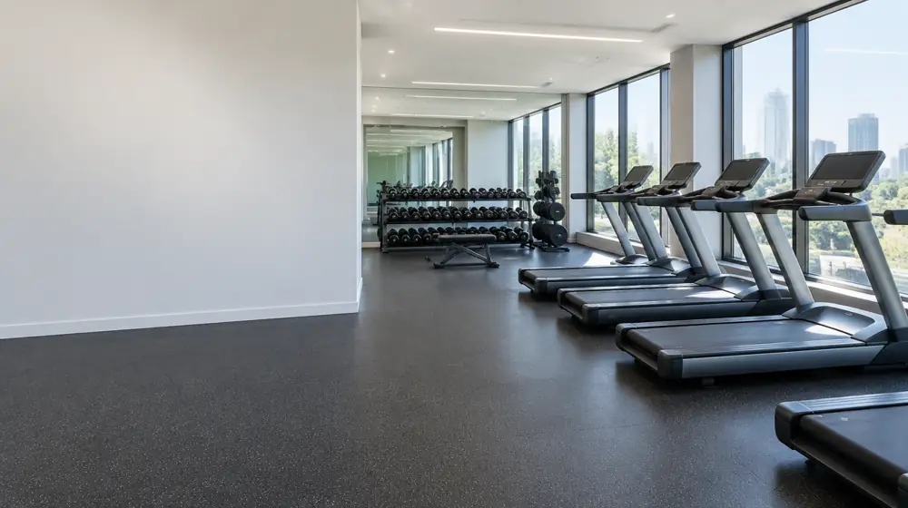 Treadmills and dumbbells in a clean gym