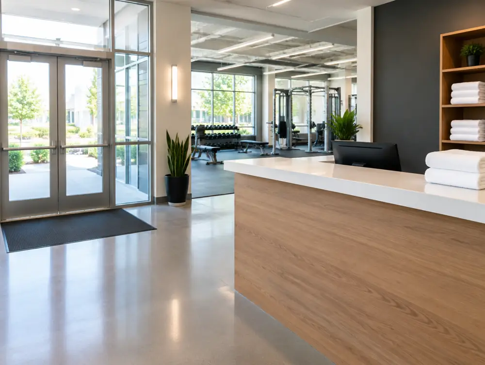 A tidy gym front desk with folded towels