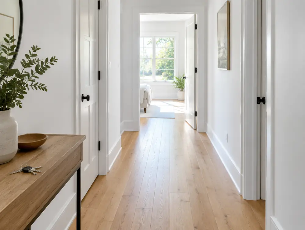 A bright finished hallway with keys on a console table